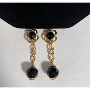 Vtg Black Faceted Crystal Beaded Dangle Clip On Earrings Elegant Statement 3.5”L